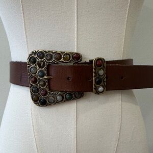 Fina Firenze Italian Leather Belt with Stone-Embellished Brass Buckle – 40”